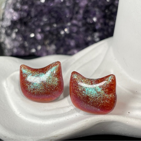 Stud Earrings Sparkly Glitter Cat Stud Hand Poured Resin 
Post Earrings - Picture 10 of 10